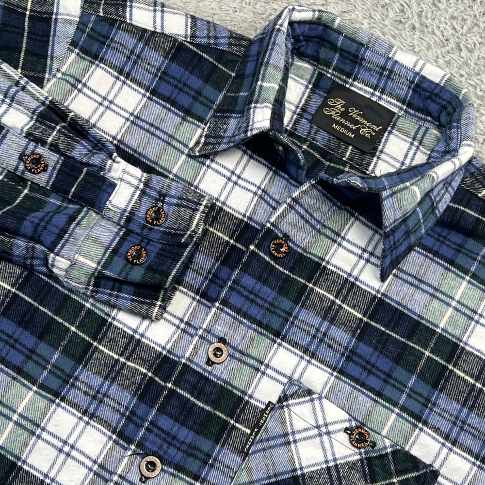 Vermont Flannel Co Plaid Flannel Shirt Mens M Blue Green USA Made Organic Cotton
